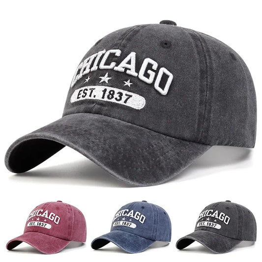 Unisex CHICAGO Letter Embroidery Wash Baseball Caps Spring and Autumn Outdoor Adjustable Casual Hats Sunscreen Hat