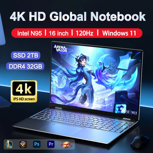 Maichai 16'' Laptop Intel N95 4K HD 120HZ Display 32GB+2TB Windows 11 Pro Office Gaming Notebook Computer Fingerprint Unlock PC