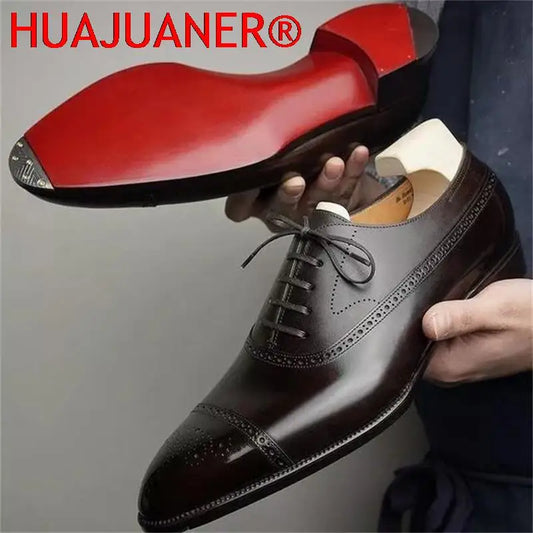 Genuine leather Oxfords Men Shoes Red Sole Fashion Business Casual Party Banquet Daily Retro Carved Lace-up Brogue Dress Shoes