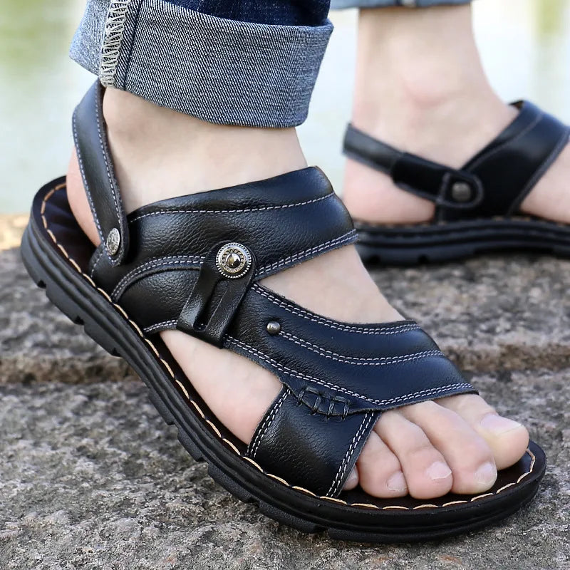 Men Sandals High Quality Summer Beach Shoes Leather Dad Shoes Thick-soled Comfortable Slippers Non-slip Open-toe Leather Sandals