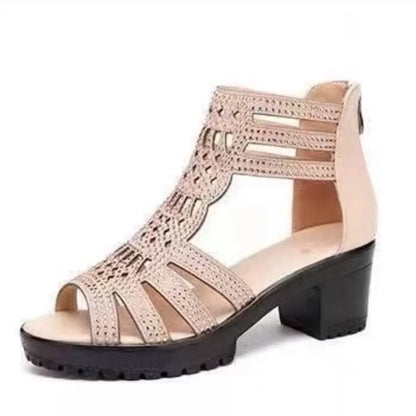 Summer Women's High Heel Shoes Rome Women's Peep Toe Platform Chunky Heel Gladiator Sandals Outdoor Zip Dress Party Heeled Shoes