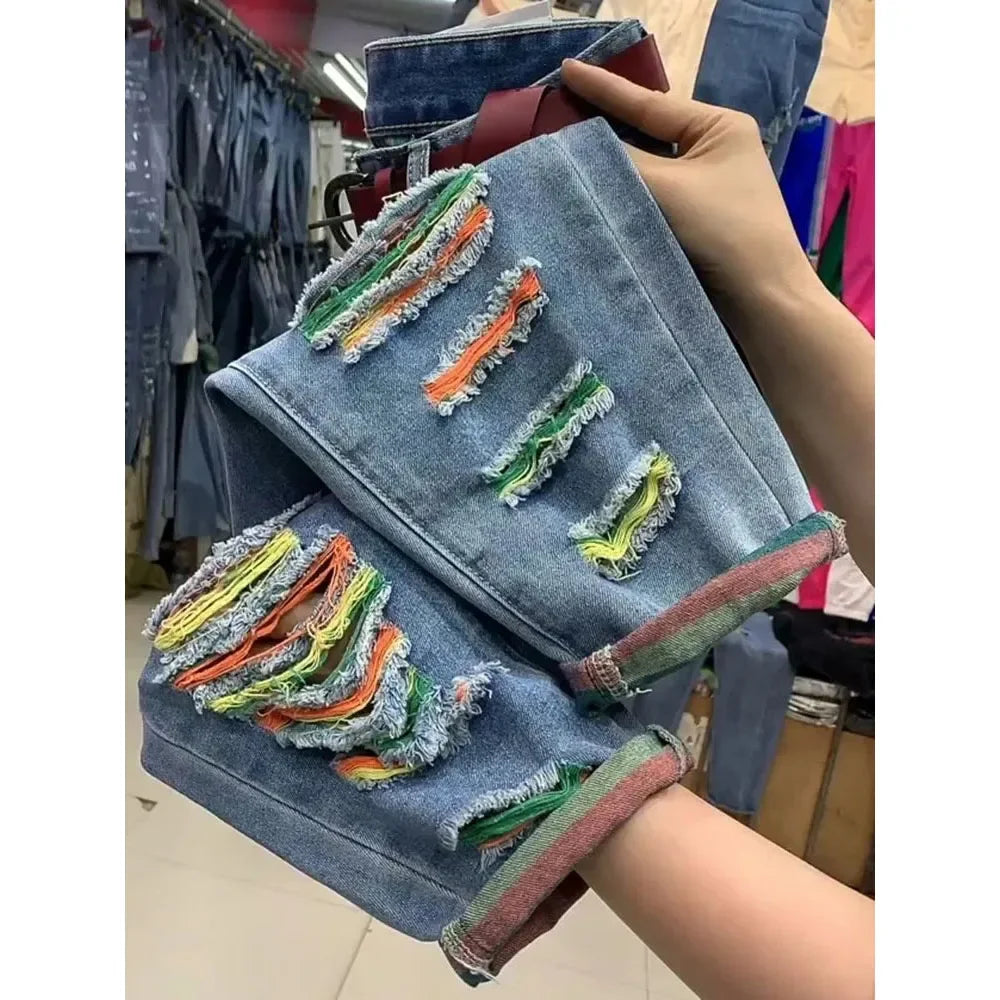 Colour Ripped Hole Jeans New High Waist Jeans Large Size Loose Fit Haren Denim Pants Ladies Ankle-Length Cowboy Trousers V837