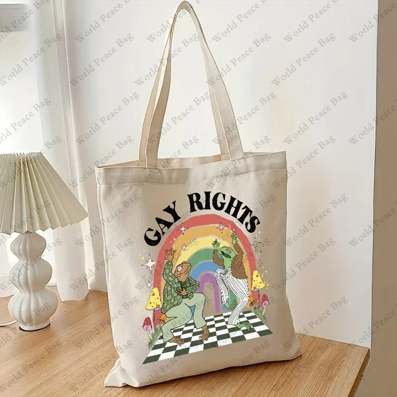 Frog & Toad Pattern Casual Canvas Tote Bag, Shopping Bag, Reusable Foldable Storage Tote Bag Handbag gay pride shoulder bag