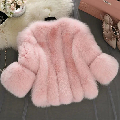 2024 Winter Women Thick Warm Pink Fur Coat Fashion Faux Fox Fur Coat Female Three Quarter Sleeve Artificial Fur Fluffy Jacket