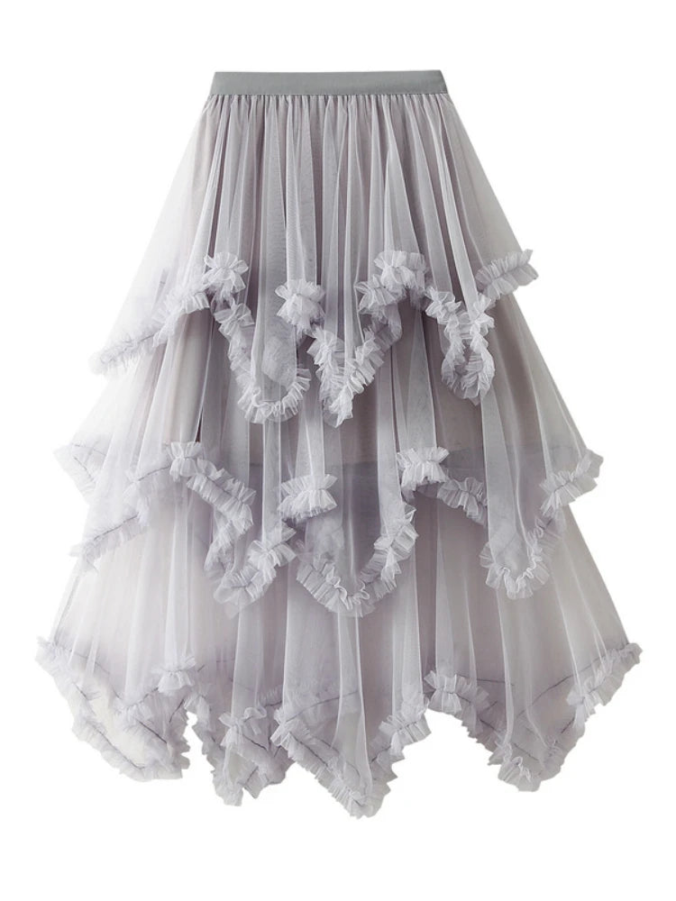 2024 New Fashion Women's Asymmetrical Tulle Ball Gown Skirt Casual Elegant High Waist Fairy Mesh A-line Skirts for Spring Summer