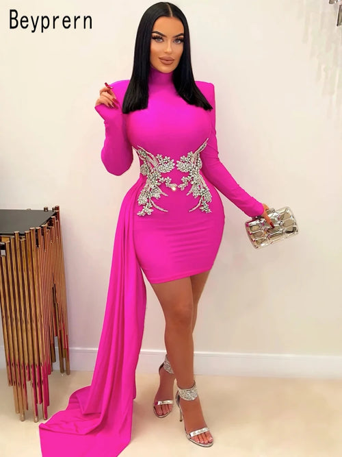 Beyprern Beautiful Embroidered Bodycon Mini Dress For Women Long Straps Invite Rhinestone Party Dress Birthday Outfits Clubwear