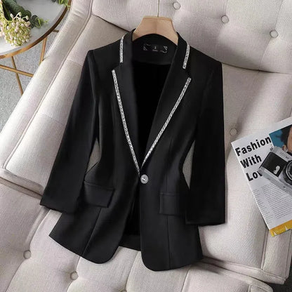 Diamond-Encrusted Suit Female 2023 Spring Summer New Seven-Point Sleeve High-Grade Small Coat Design Sense Niche Fashion Suit XZ