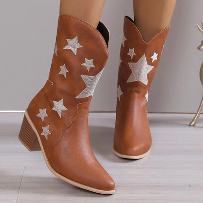 2023 New Women's Embroidered Western Knee High Boots Cowboy Cowgirl Boots Chunky Heel Platform Boots Women Western Shoes