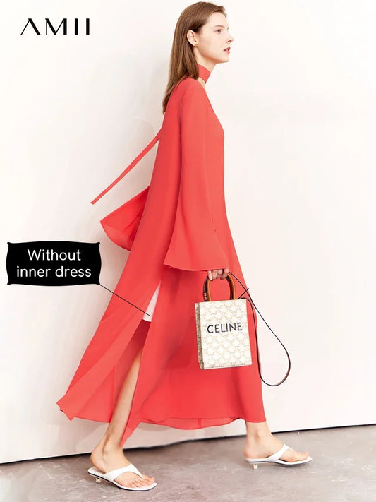 Amii Minimalism Romantic Holiday Style V-neck Female Dresses Summer New Loose Lace Up See-through Women's Long Dress 12452130