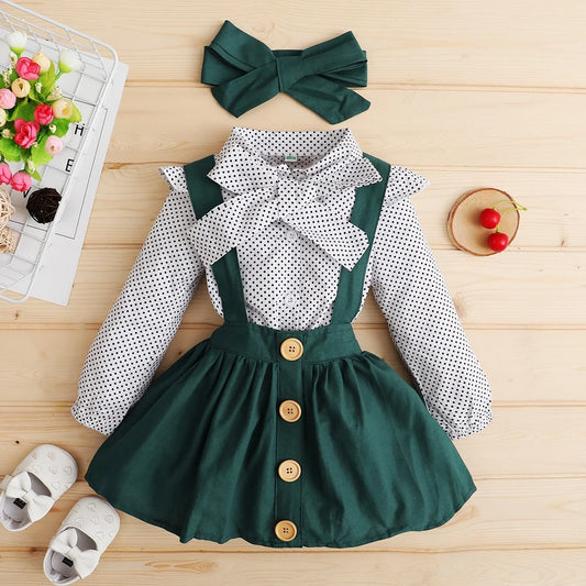 1-4 Years Fashion Kids Girl Clothing Set Long Sleeves WaveShirt+Strap Skirt+Headband 3PCS Costume Spring Autumn Girl Outfit Suit