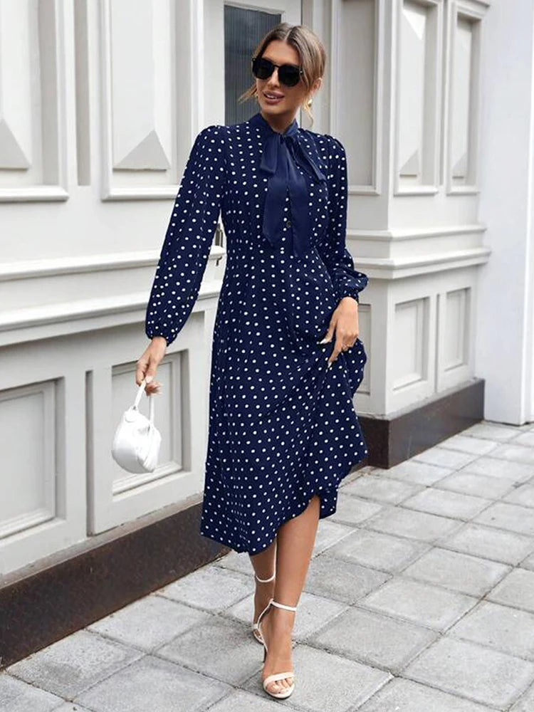 Women's Fashion French Full-body Polka Dot Print Tie Lantern Sleeve Small Stand Collar With Bow A Swing Dress