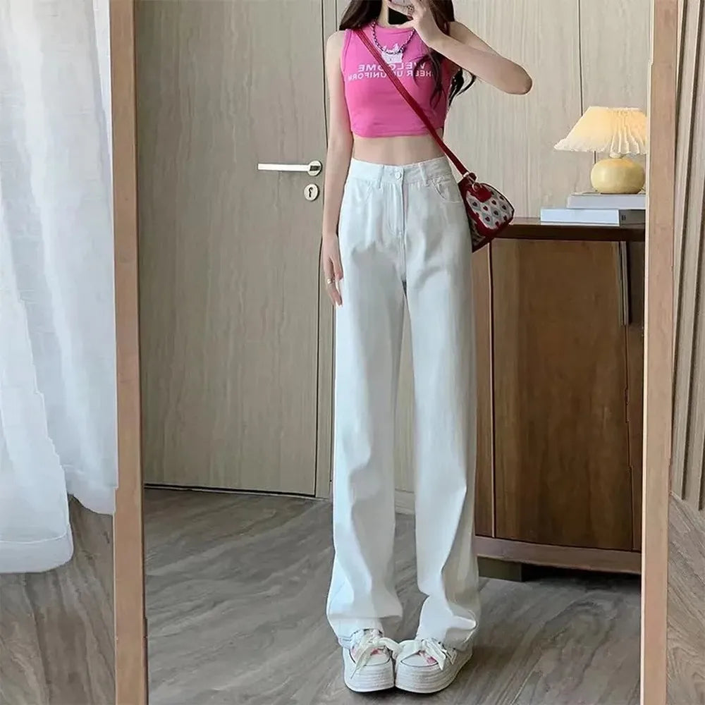 Fashion Artistic Lightweight Women Trendy Wide-legged Pants Simple Style Solid High-Waist Design Suitable Casual White Trousers