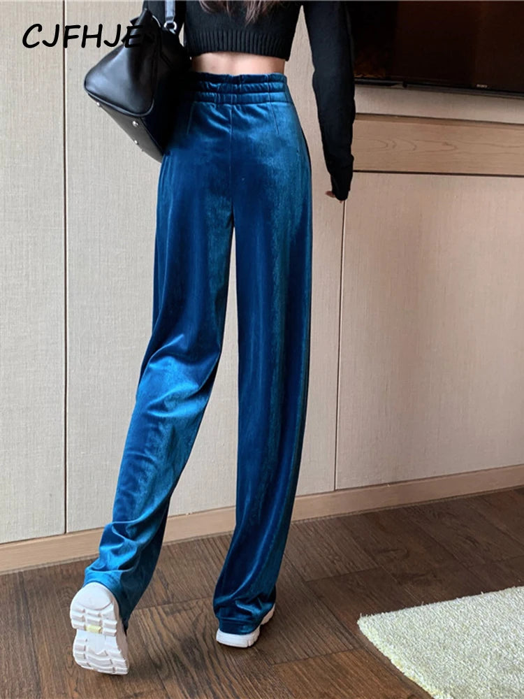 CJFHJE Winter Blue Velvet Elegant Pants Women Black Casual Korean Style Wide Leg Pants Loose Fashion High Waist Trousers Female