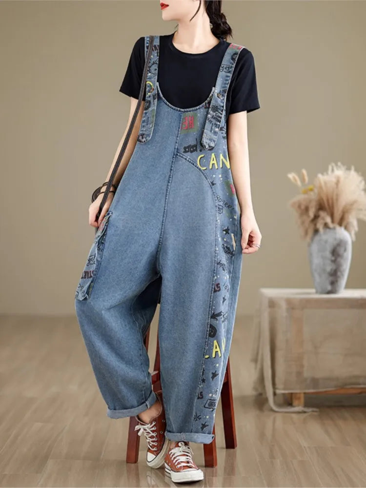 Oversized Jeans Spring Overalls Pant Women Print Patchwork Fashion Casual Ladies Trousers Loose Pleated Woman Overalls Pants