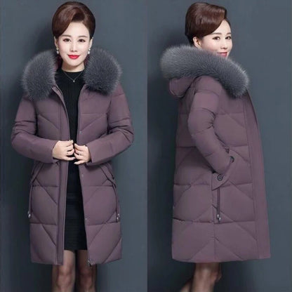 Solid Big Fur Collar Winter Jacket Women Hooded Thickened Cotton Warm Coats Lady Zipper Padded Jacket Mid-length Outwear Coats