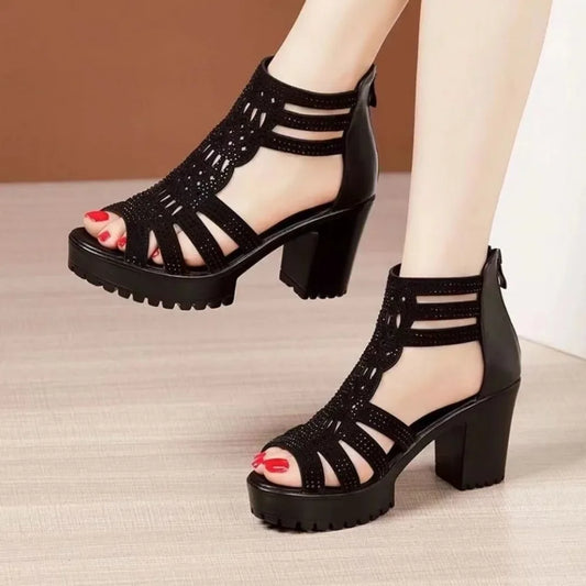 Summer Women's High Heel Shoes Rome Women's Peep Toe Platform Chunky Heel Gladiator Sandals Outdoor Zip Dress Party Heeled Shoes