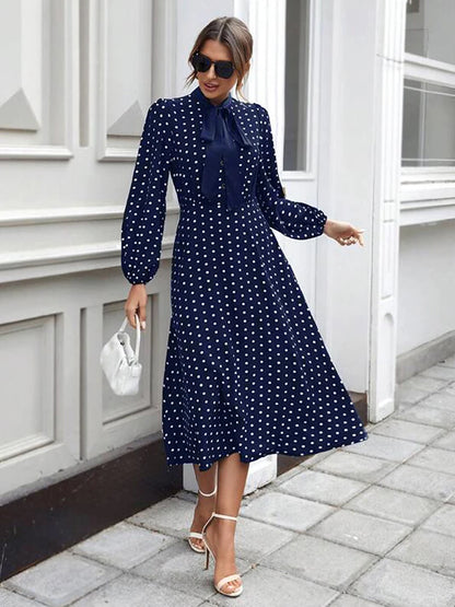 Women's Fashion French Full-body Polka Dot Print Tie Lantern Sleeve Small Stand Collar With Bow A Swing Dress