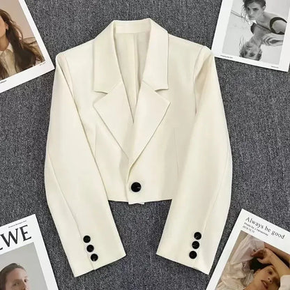 Fashion Cropped White Blazer Women Spring Autumn Single Button Office Blazers Woman Korean Long Sleeve Short Jackets Ladies New