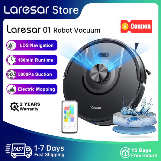 Laresar 01 Robot Vacuum Cleaner Mop, LDS Lidar Navigation 5000Pa Smart Planned Mapping, Home Floor Carpet Pet Hair Cleaning