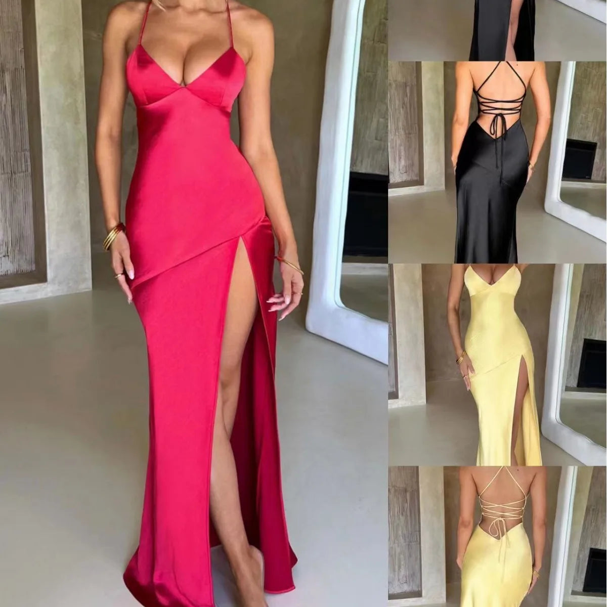 Giyu Sexy Satin Evening Night Club Party Dresses Women Summer Maxi Long Dress Backless Sleeveless Split Bodycon Gown Vestidos