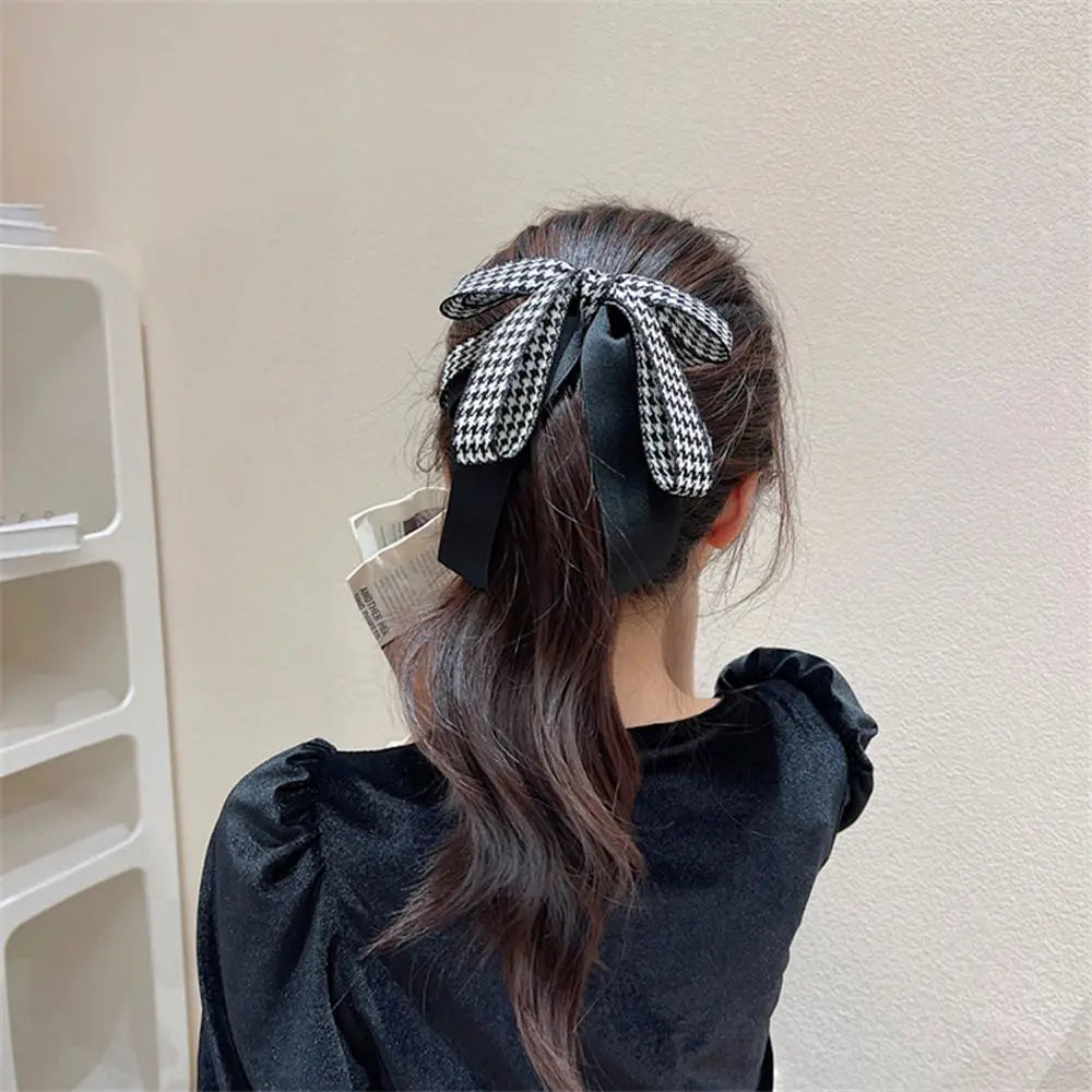 Ornament Cloth Resin Fashion Design Houndstooth Bow Banana Clip Women Hair Accessories Korean Style Hair Wear Vertical Clip