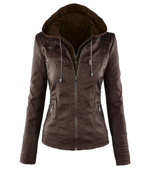 Faux Leather Jacket for Women, Female Winter Coat, Motorcycle Jacket, Faux Suede, PU Zipper Hoodies, Outerwear,