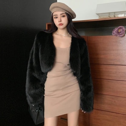 Korean Fashion Girls Fur Cardigan Short Cut Loose Long Sleeves Winter Warm Hot Sell Faux Fur Coat Solid Color Office Lady Jacket