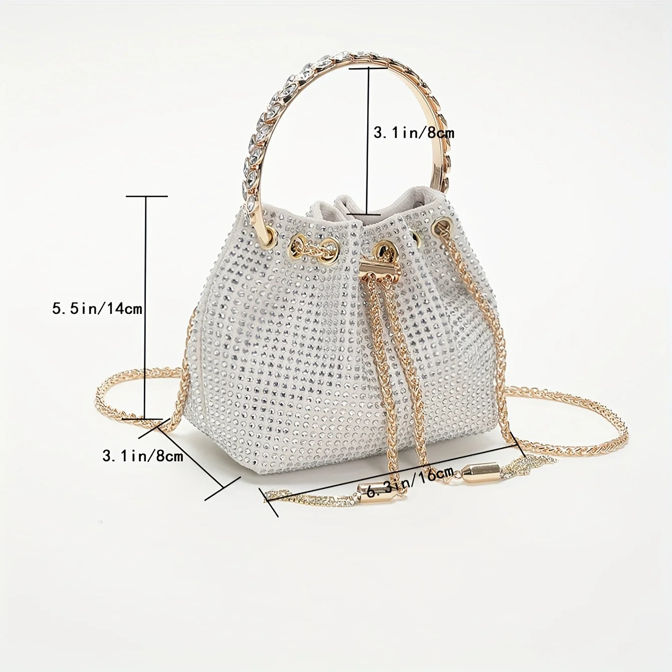 All Over Bright Rhinestone Bucket Bag, Drawstring Small Banquet Satchel Bag, Women's Luxury Dinner Shoulder Chain Bag