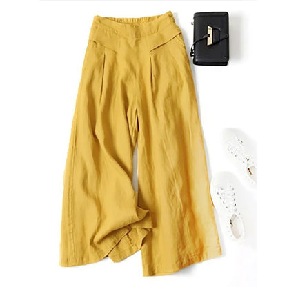 Summer Pants for Women Cotton Linen Large Size Wide Leg Pants Femme Arts Style Elastic Waist Solid Casual Loose Pantalon