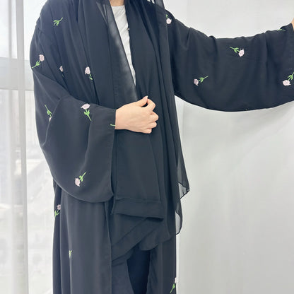 2024 Flower Embroidery Muslim Modest Cardigan for Women Eid Dubai Kimono Aabaya Dress Luxury Islam Saudi Turkey Plain Clothing