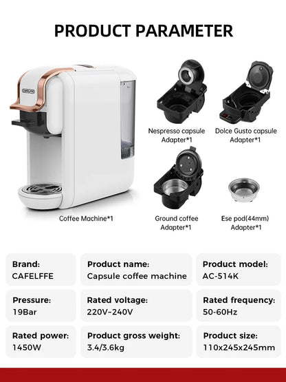 Cafelffe Multiple Capsule Coffee Machine 4 in 1 Hot/Cold DG Cappuccino Nes Small Capsule ESE Pod Ground Espresso Cafeteria 19Bar