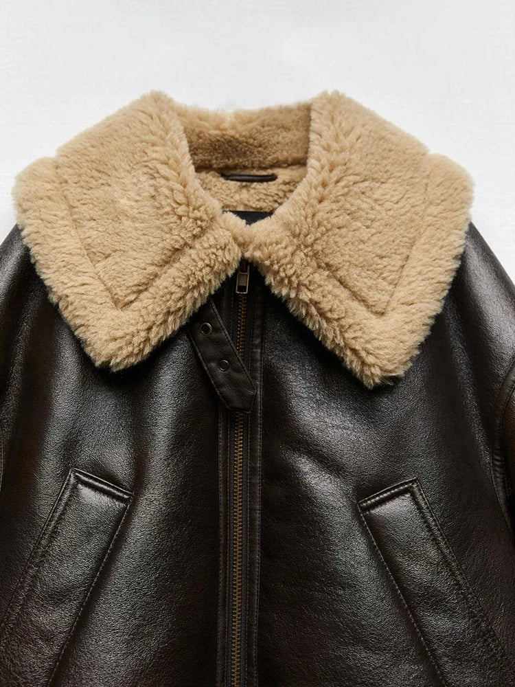 Ailegogo New Women Thick Warm Faux Leather Fur Jacket Autumn Winter Female Streetwear Moto Biker Zipper Coat Vintage Outwear