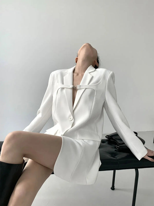 Autumn New High-end Professional Formal Outfit White Suit Coat Women Top Mid Length Fashion Loose Casual Blazers Women Clothing