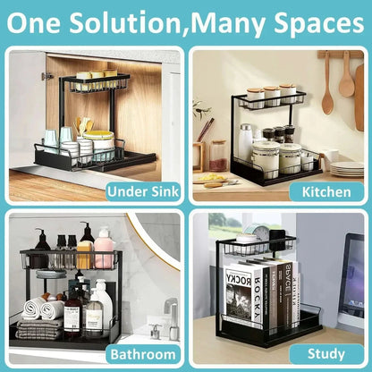 Under Sink 2 Tier Sliding Cabinet Basket Organizer Drawer Pull Out Cabinet Multi-Purpose Sink Organizer for Bathroom Kitchen