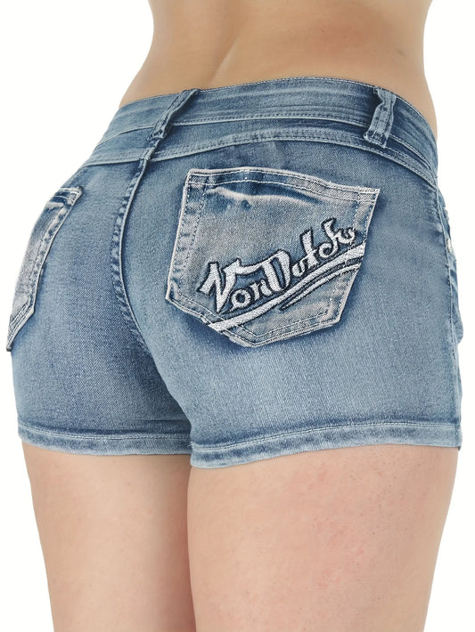 Women's Sexy Low Rise Letter Embroidered Pocket Denim Shorts, Fashionable Ultra-Short Micro Jeans Shorts For Summer Casual Wear