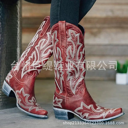 Autumn Winter Knee High Boots 2023 Big Size 43 Women Comfy Walking Female Western Cowboy Embroidery Boot For Shoes