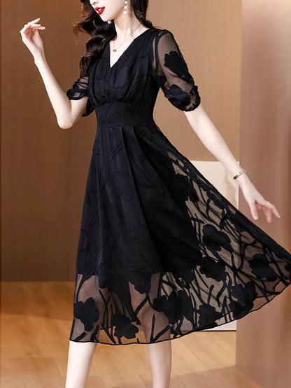 2024 Black Floral Chiffon Dress Summer Casual Midi fashion Women Dress Vintage Elegant V-Neck Party Evening Luxury Long Dresses