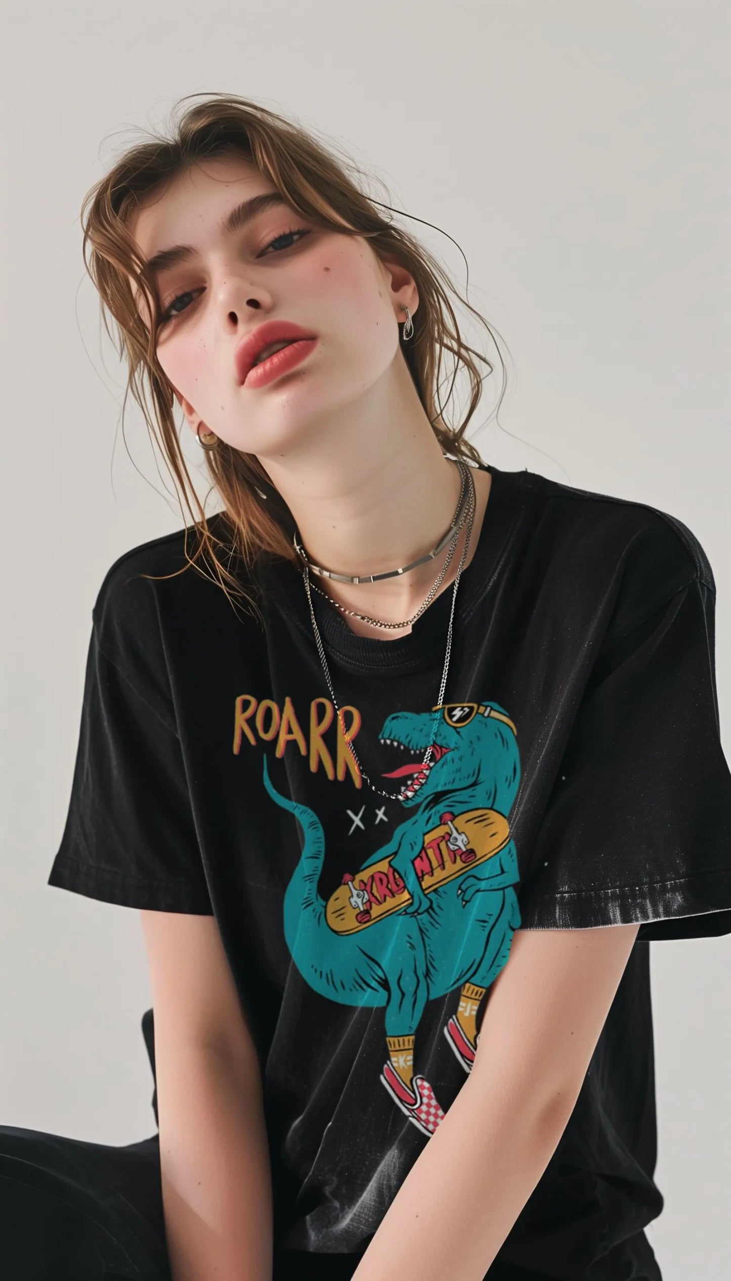 Dinosaur Print 2024 Summer New Washed Cotton Denim Short Sleeve T-shirt Men's Half Sleeve Loose T-shirt Short Sleeve, Hip Hop St