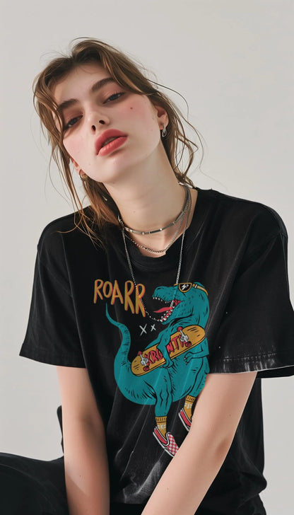 Dinosaur Print 2024 Summer New Washed Cotton Denim Short Sleeve T-shirt Men's Half Sleeve Loose T-shirt Short Sleeve, Hip Hop St