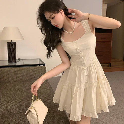 Women Beige Dress Sexy Sweet Elegant Backless Ruffle Edge Mini Skirt Fashion Square Collar Lady Pleated Short Dresses Summer