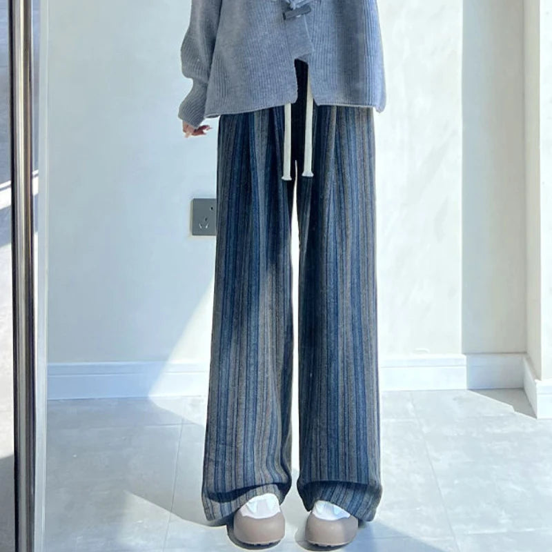 Woolen Striped Pants for Women Autumn Winter Vintage Stylish Wide Leg Mopping Trousers Loose All-match Female Casual Daily Chic