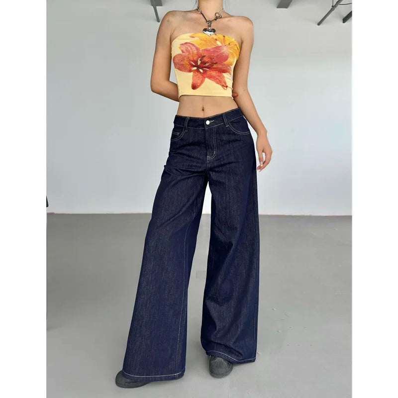 2024 Blue Women Jeans High Waist Vintage Straight Baggy Denim Pants Streetwear Y2K American Style Fashion Wide Leg Denim Trouser