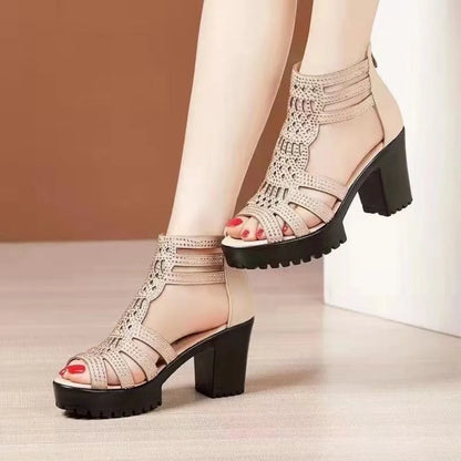 Summer Women's High Heel Shoes Rome Women's Peep Toe Platform Chunky Heel Gladiator Sandals Outdoor Zip Dress Party Heeled Shoes