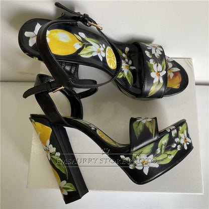 Print Flower Genuine Leather Sandals Women Chunky Heel High Platform Ankle Strap Open Toe Summer Shoes For Girls