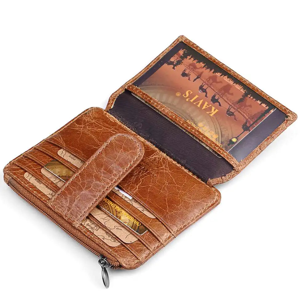 KAVIS Genuine Leather Mini Card Holder Small Light Women's Wallets Multifunctional Zipper Coin Purse Travel ID Credit Cardholder