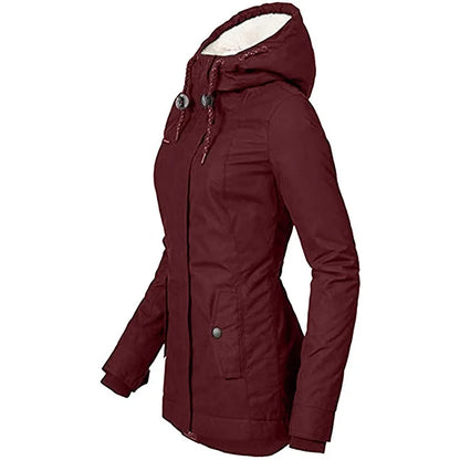 Fashion Women's Thickened Coat Warm Winter Solid Plush Thickened Long Jacket Outdoor Hiking Hooded Windproof Parka Coat