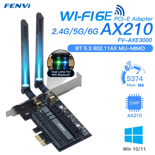 Fenvi 5374Mbps WiFi 6E for Intel AX210 PCIe Wireless WiFi Adapter 2.4G/5G/6Ghz 802.11AX For Bluetooth 5.3 AX200 WiFi 6 Card PC