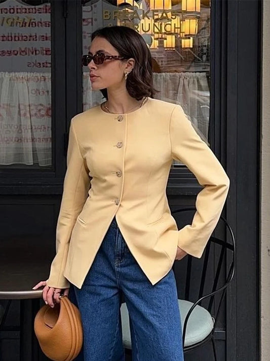 Commute Suit Coat Women Minimalism O-neck Full Sleeves Single Breasted Front Split Female Blazer Coats 2024 Autumn Slim Lady Top