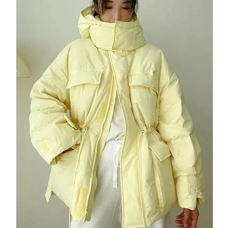 New Winter Hooded Parkas Warm Jacket Women's Down Cotton Coat Irregular Fluffy Bubble Drawstring Waist Loose Coat Cotton Coat