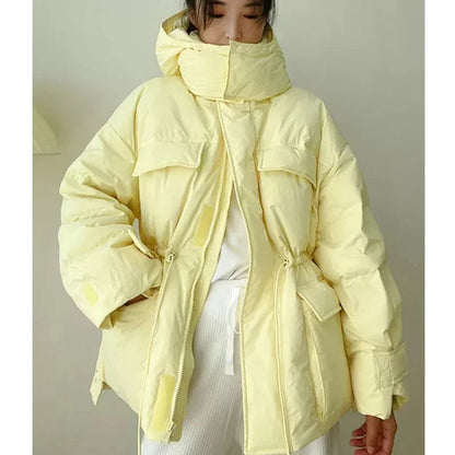 New Winter Hooded Parkas Warm Jacket Women's Down Cotton Coat Irregular Fluffy Bubble Drawstring Waist Loose Coat Cotton Coat